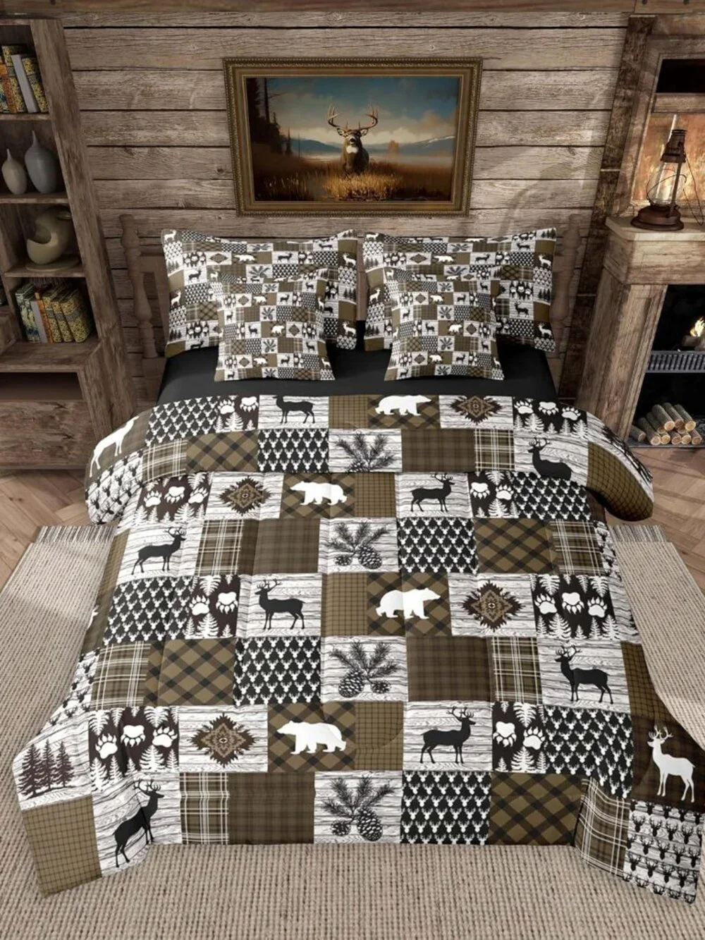Lodge Plaid Comforter Set Queen Size 7 Pieces Bear Deer Bedding Set for Kids Boy